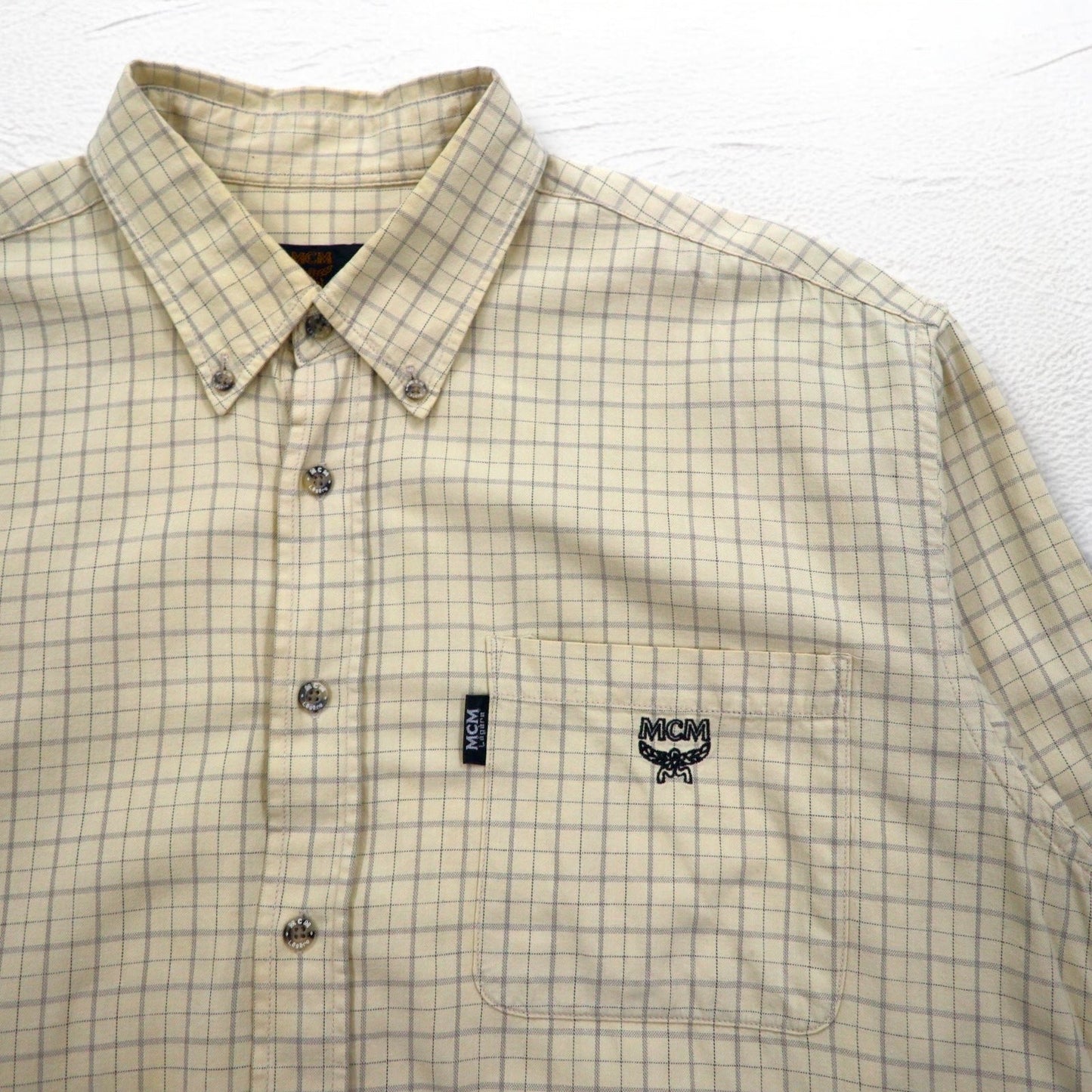 MCM ボタンダウンシャツ XL ベージュ チェック コットン 胸ポケット ワンポイントロゴ刺繍