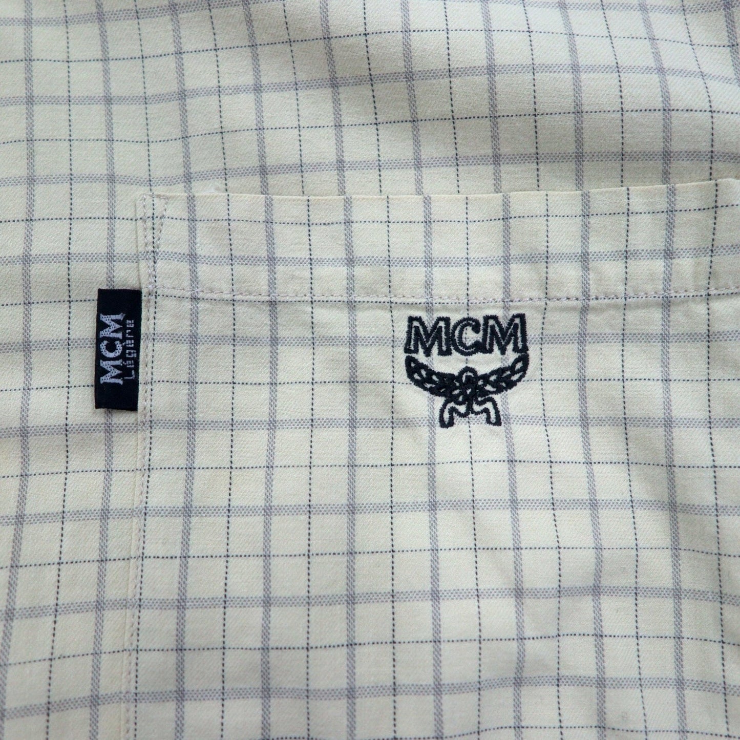 MCM ボタンダウンシャツ XL ベージュ チェック コットン 胸ポケット ワンポイントロゴ刺繍