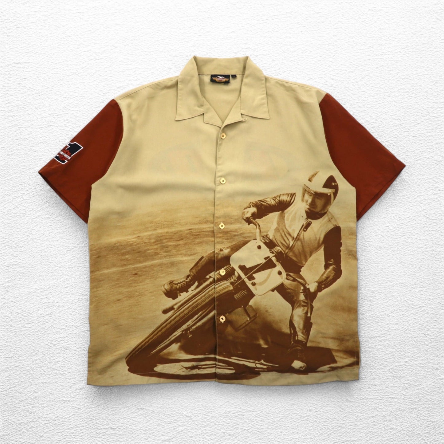 HARLEY DAVIDSON モーターサイクル グラフィック 開襟 半袖 オープンカラーシャツ XL ベージュ バックロゴ