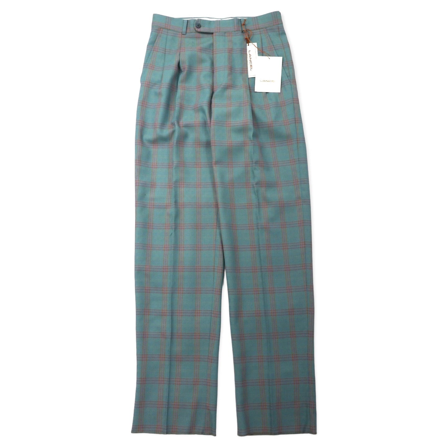 LANCEL オールド 2タック ワイド スラックスパンツ 79 グリーン チェック ウール 日本製 未使用品
