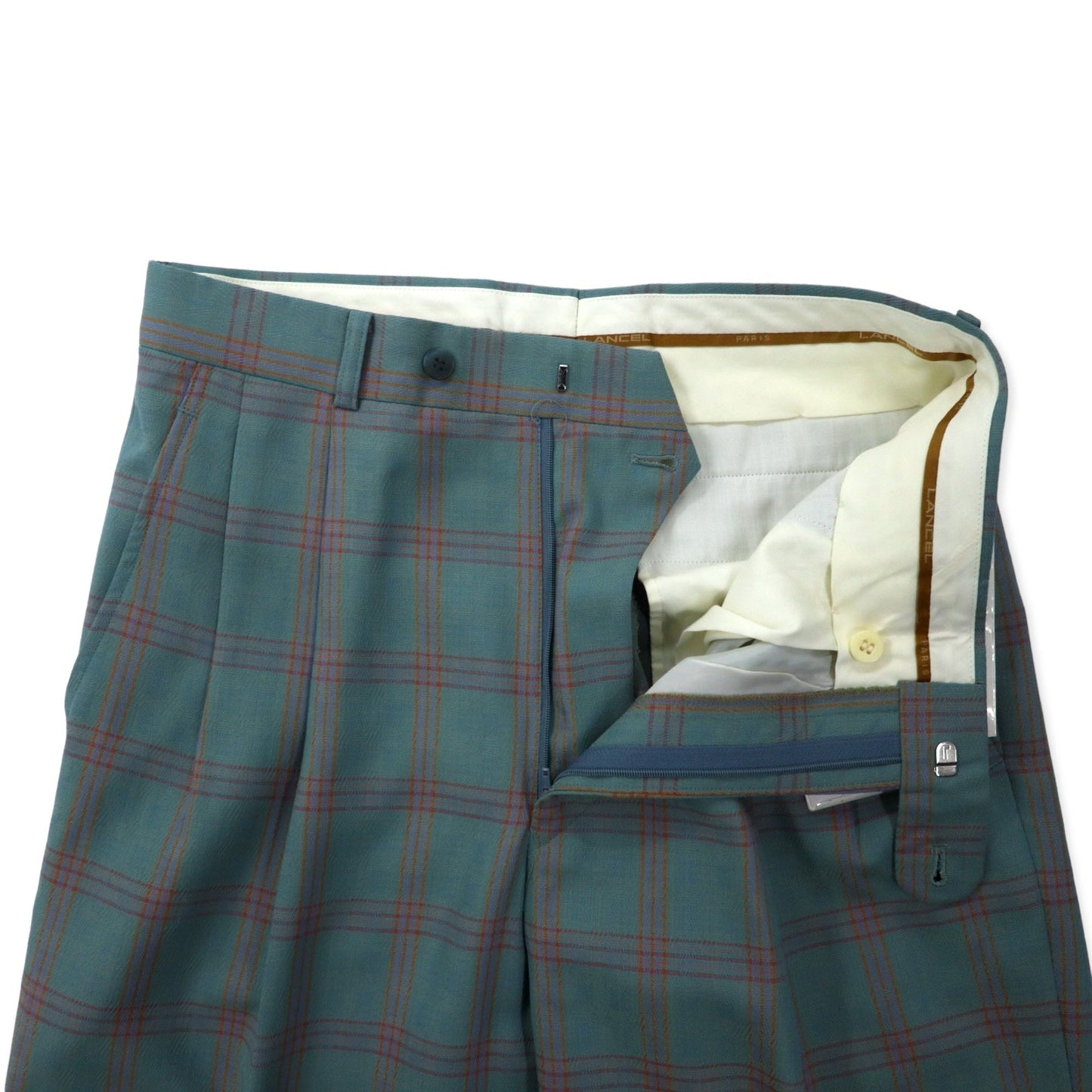 LANCEL オールド 2タック ワイド スラックスパンツ 79 グリーン チェック ウール 日本製 未使用品