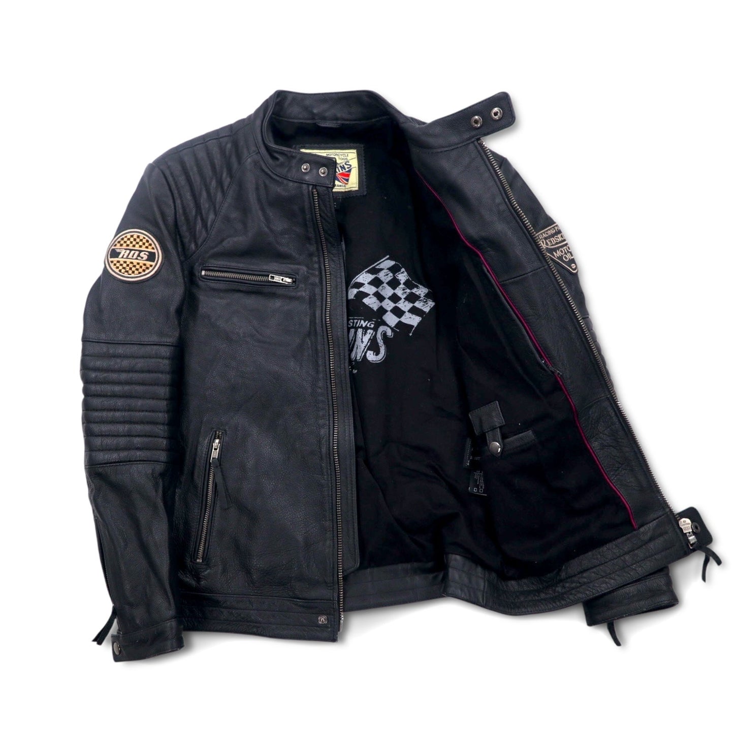 MOTORCYCLE TOGS REDSKINS シングル レザー ライダース バイカージャケット L ブラック ユニオンジャック ワッペン バックロゴ キルティング