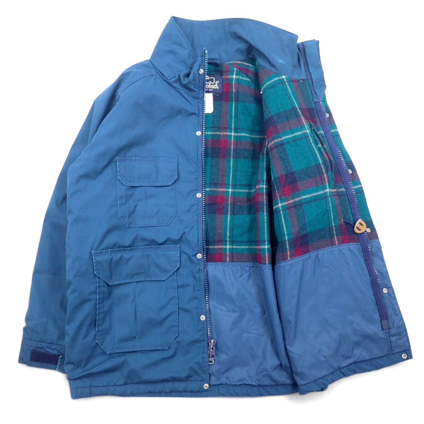 Woolrich 80年代 USA製 インサレーションジャケット L ナイロン ブルー ダブルジップ  裏地チェック 中綿 ドローコード