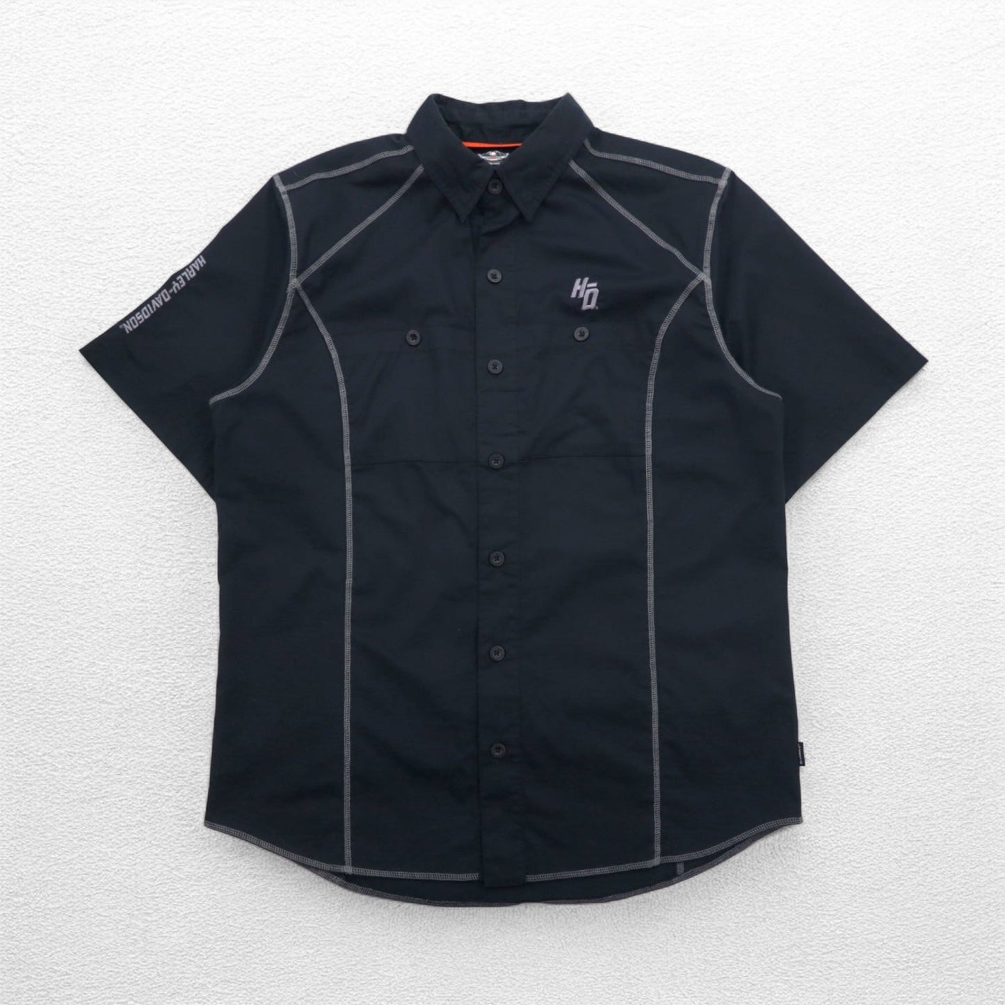 HARLEY DAVIDSON 半袖 ワークシャツ L ブラック ダブルポケット ワンポイントロゴ刺繍
