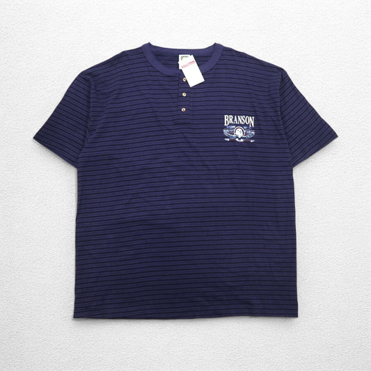 USA製 90年代 COTTON DELUXE シングルステッチ ヘンリーネック Tシャツ 2XL ネイビー ボーダー BRANSON 未使用品