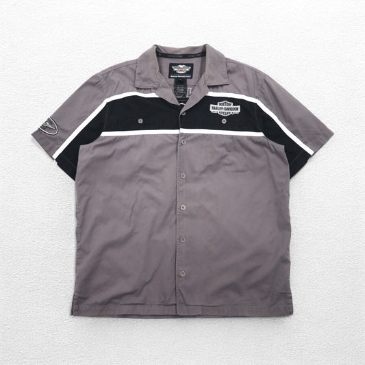HARLEY DAVIDSON 半袖 ワークシャツ L グレー ブラック バックロゴ刺繍