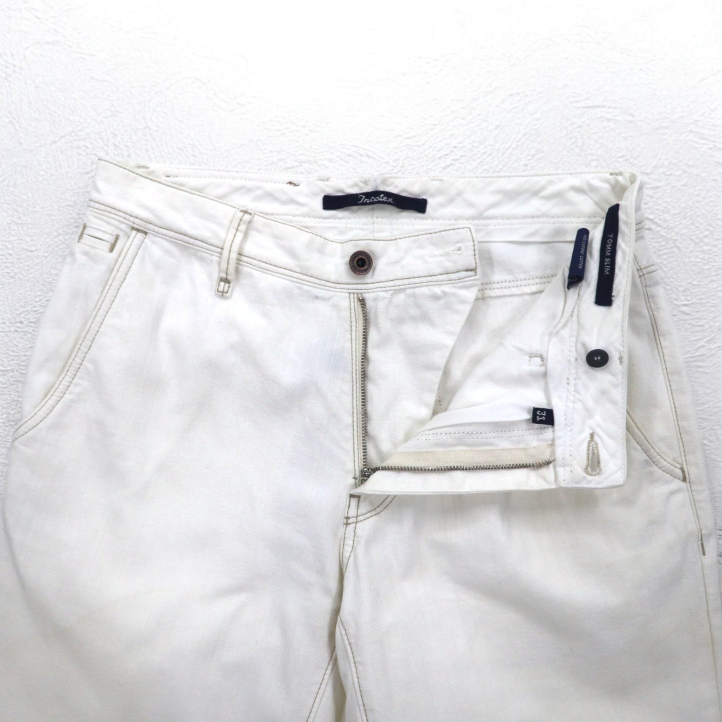 INCOTEX ルーマニア製 デニムパンツ M ホワイト コットン TOMM SLIM レザーパッチ ジッパーフライ