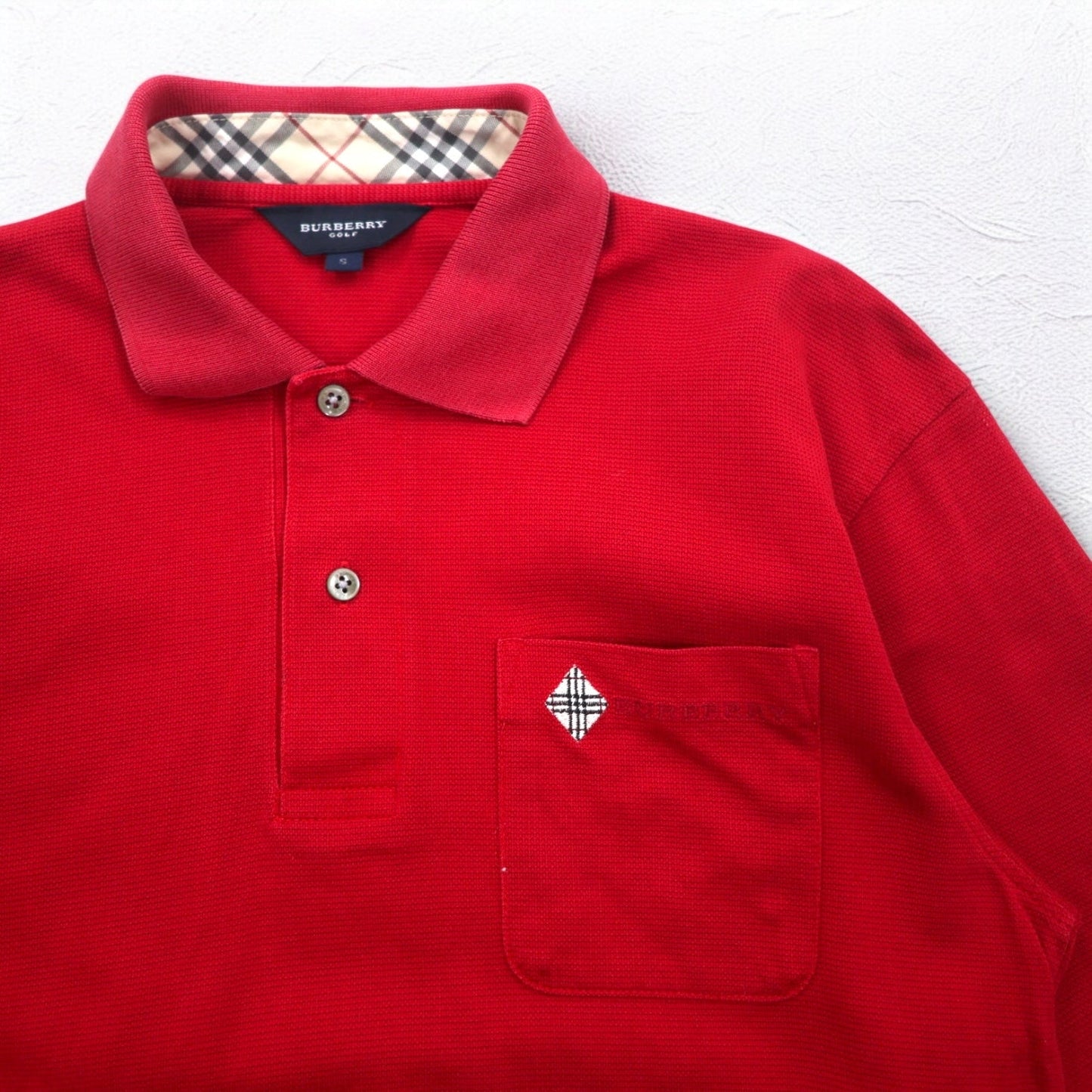 BURBERRY GOLF 長袖ポロシャツ S レッド コットン 胸ポケット ワンポイントロゴ刺繍