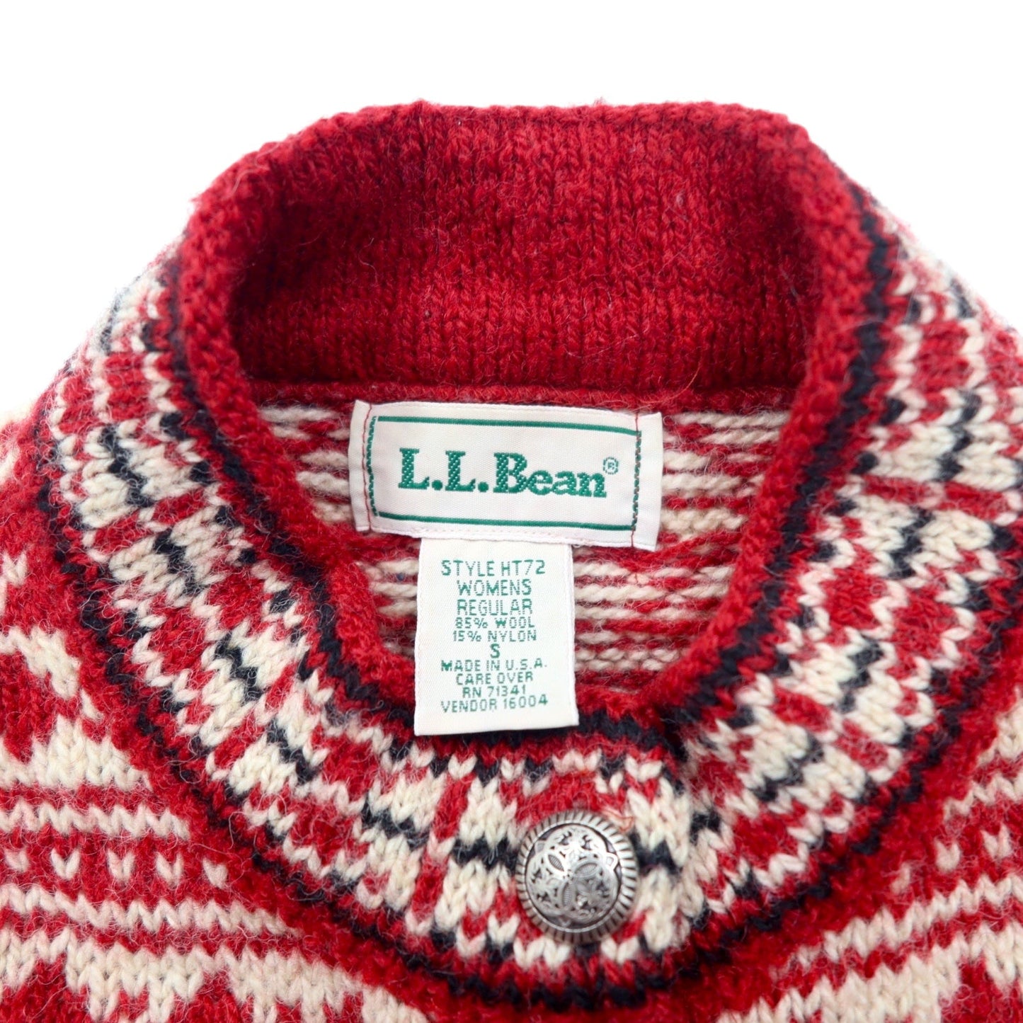 L.L.Bean 90年代 USA製 チロル ニット カーディガン S レッド ホワイト  ウール 総柄 チロリアン ノルディック柄 コンチョボタン HT72