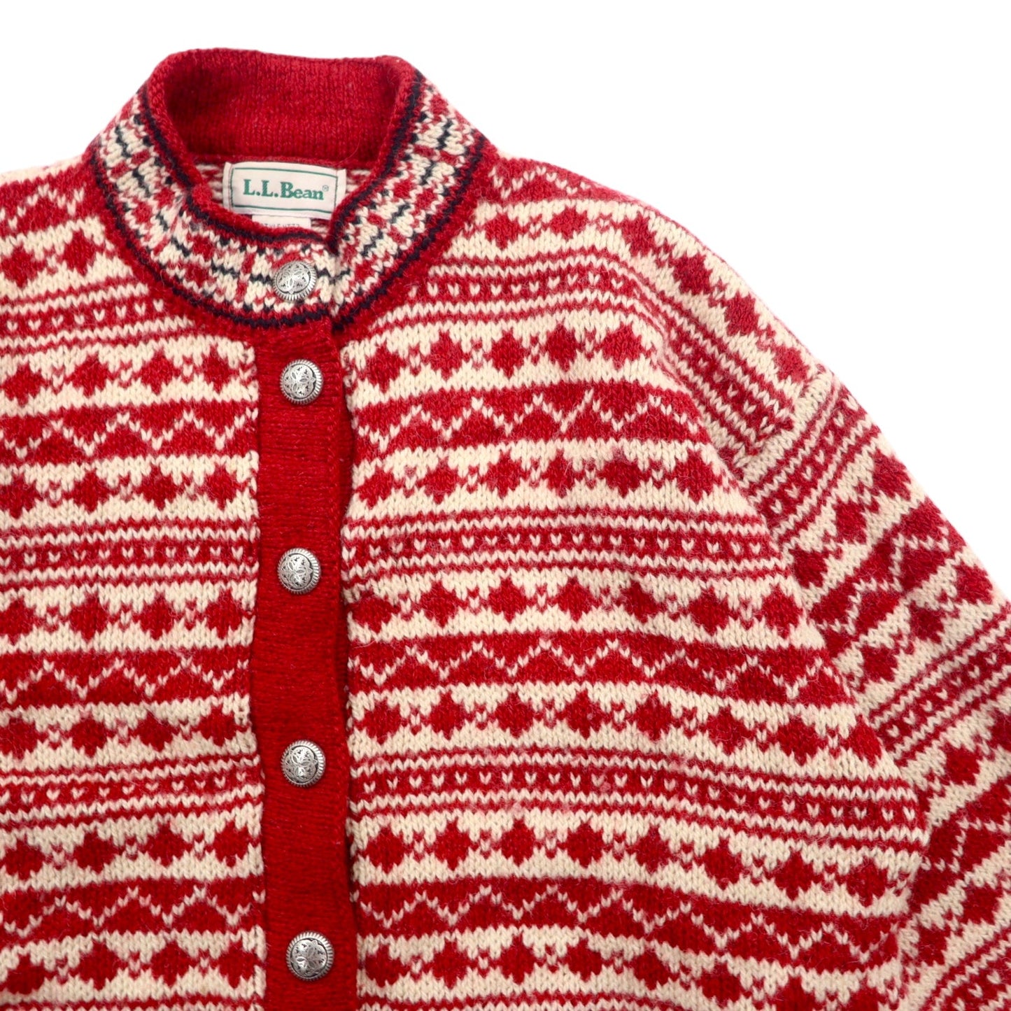 L.L.Bean 90年代 USA製 チロル ニット カーディガン S レッド ホワイト  ウール 総柄 チロリアン ノルディック柄 コンチョボタン HT72