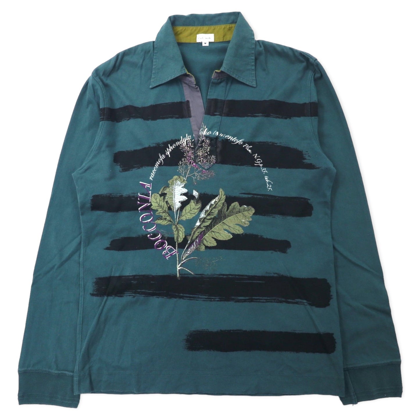 Paul Smith オープンカラー 長袖 ポロシャツ M グリーン コットン フラワープリント 日本製
