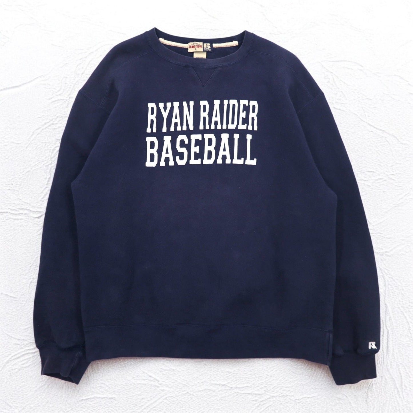 RUSSELLE ATHLETIC 90年代 TEAM ISSUE カレッジ スウェット L ネイビー 前V RYAN RAIDER BASEBALL 2段プリント メキシコ戦