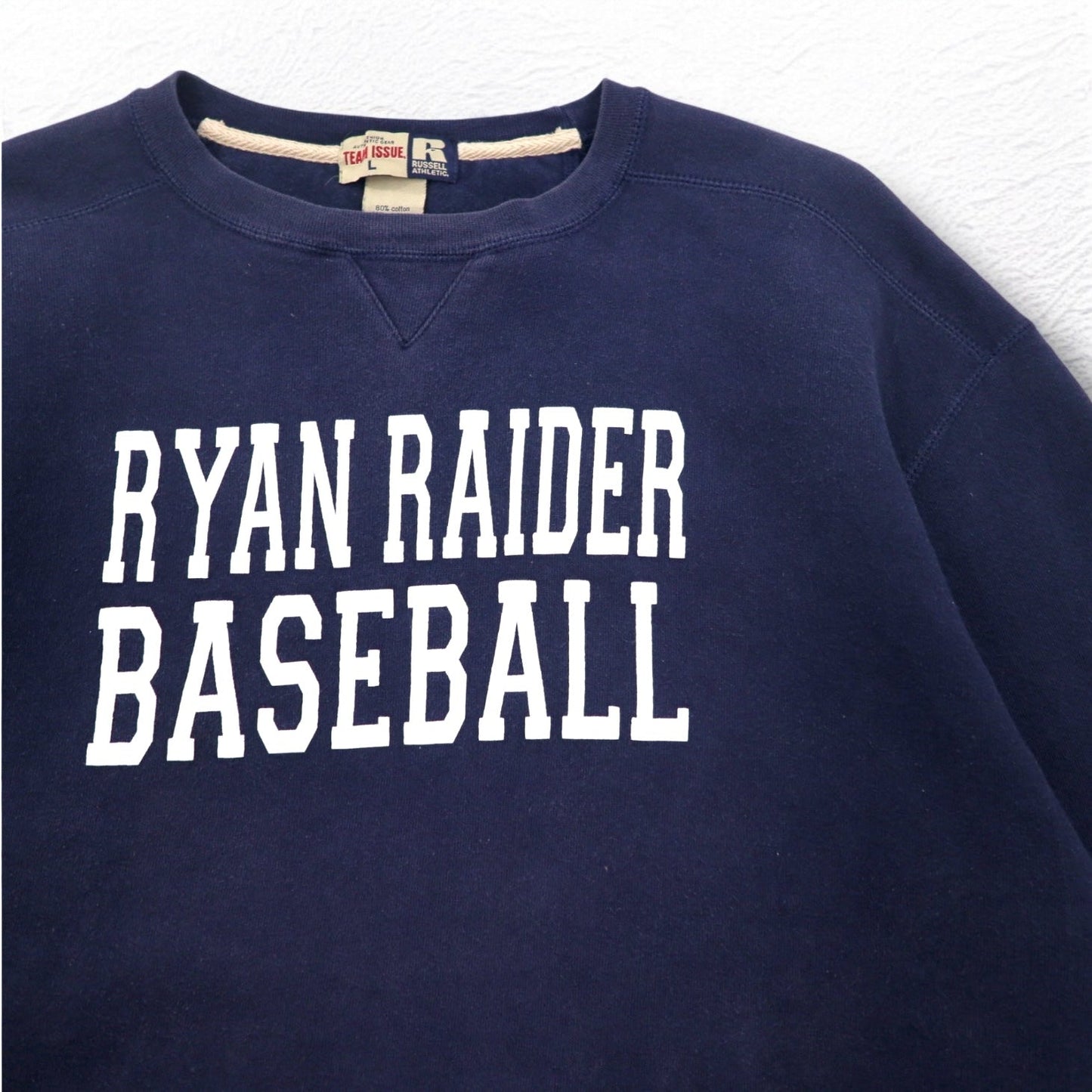 RUSSELLE ATHLETIC 90年代 TEAM ISSUE カレッジ スウェット L ネイビー 前V RYAN RAIDER BASEBALL 2段プリント メキシコ戦