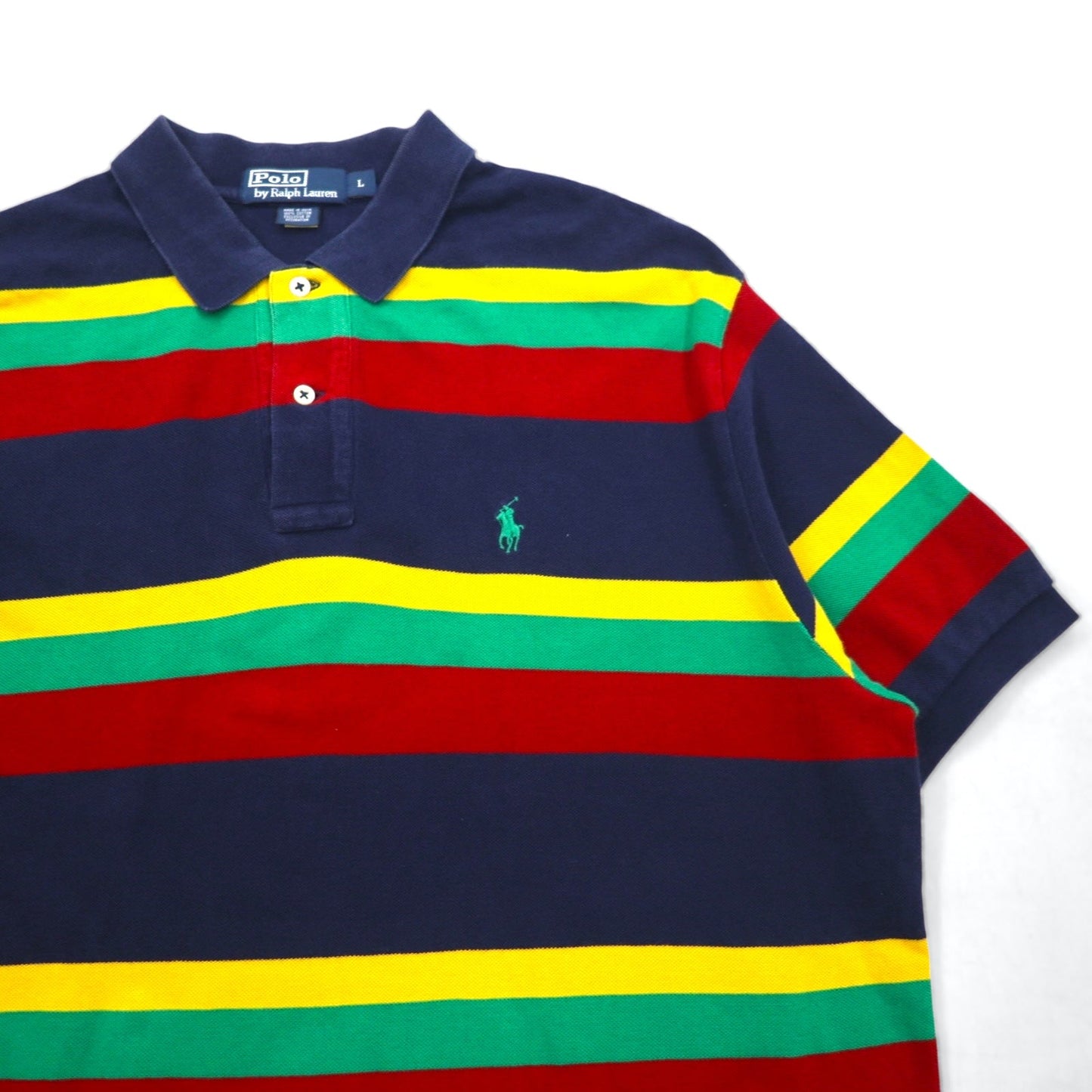 Polo by Ralph Lauren 90年代 マルチボーダー ポロシャツ L ネイビー ラスタカラー 鹿の子 スモールポニー刺繍