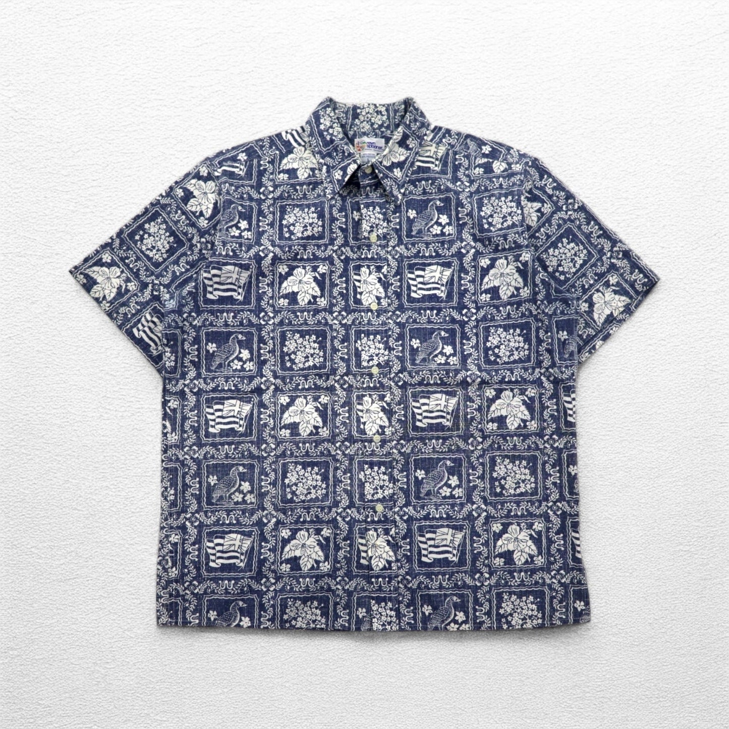 reyn spooner 90年代 ハワイ製 ビキニタグ ハワイアン アロハシャツ L ネイビー 総柄