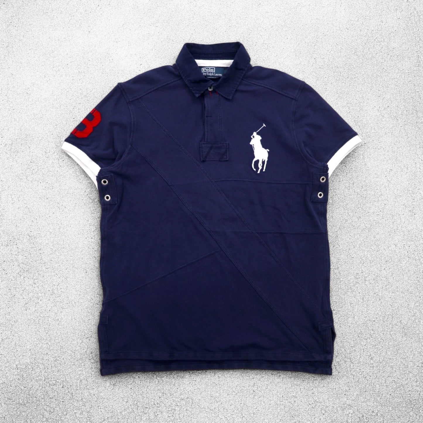 Polo by Ralph Lauren 90年代 ビッグポニー刺繍 ポロシャツ L ネイビー 鹿の子 パッチワーク