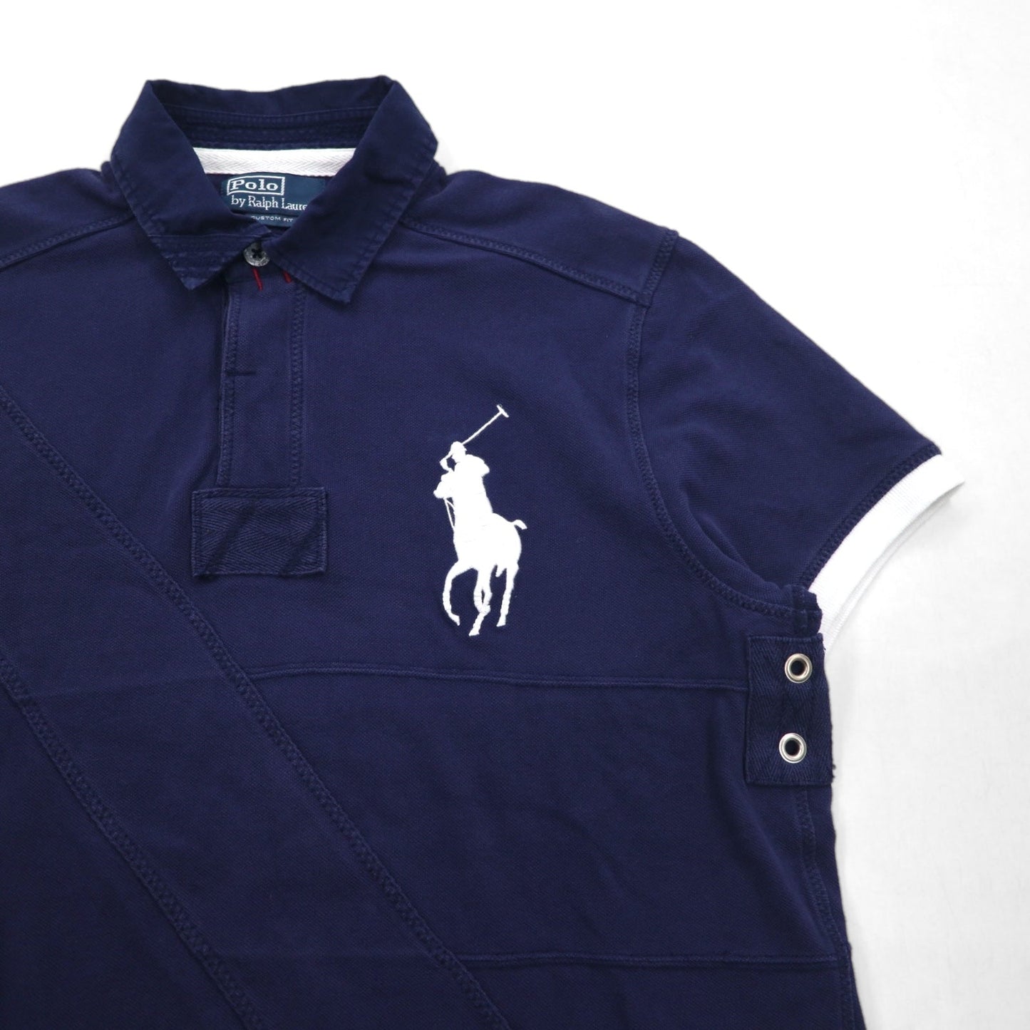 Polo by Ralph Lauren 90年代 ビッグポニー刺繍 ポロシャツ L ネイビー 鹿の子 パッチワーク