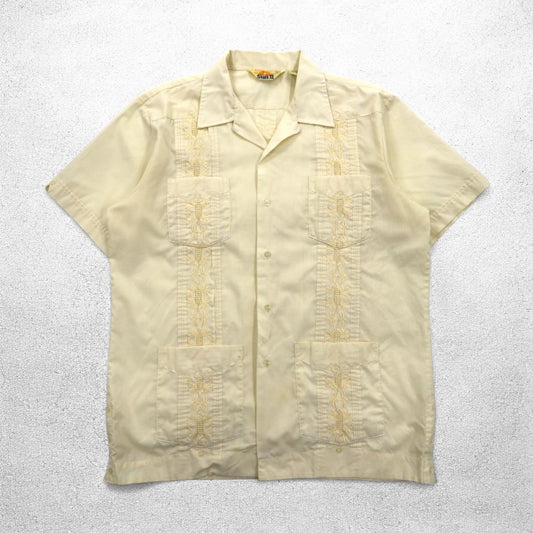 90年代 SUN Ⅱ ボックス キューバシャツ L クリーム ポリエステル コットン 刺繍