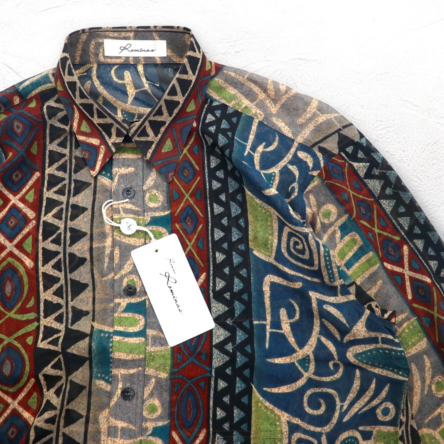 Vintage 90s Japan Made Native Shirt Roman Rominas 90年代 レトロ 総柄 ポリシャツ M ネイティブ 日本製 未使用品