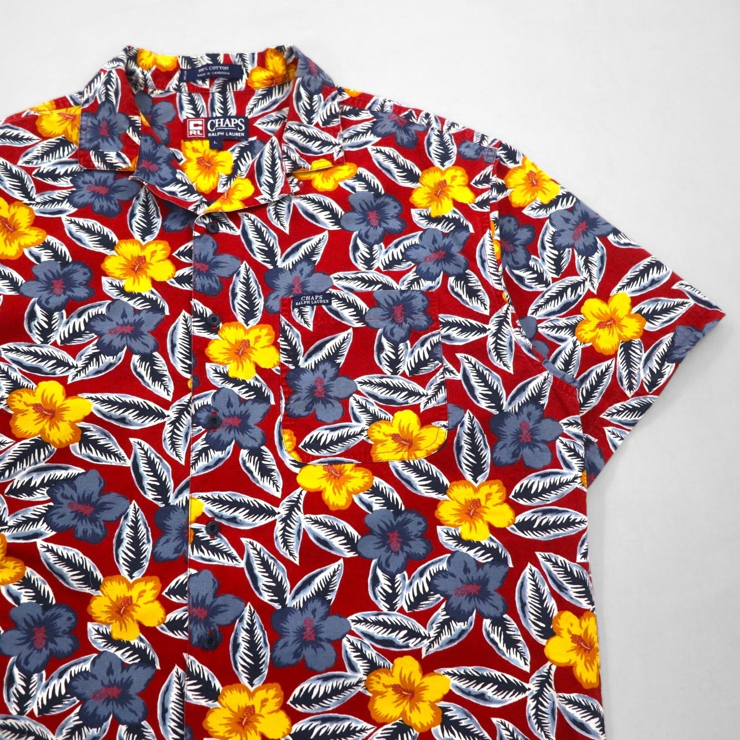 CHAPS RALPH LAUREN 90年代 アロハシャツ L レッド コットン 総柄 ハイビスカス 胸ポケット