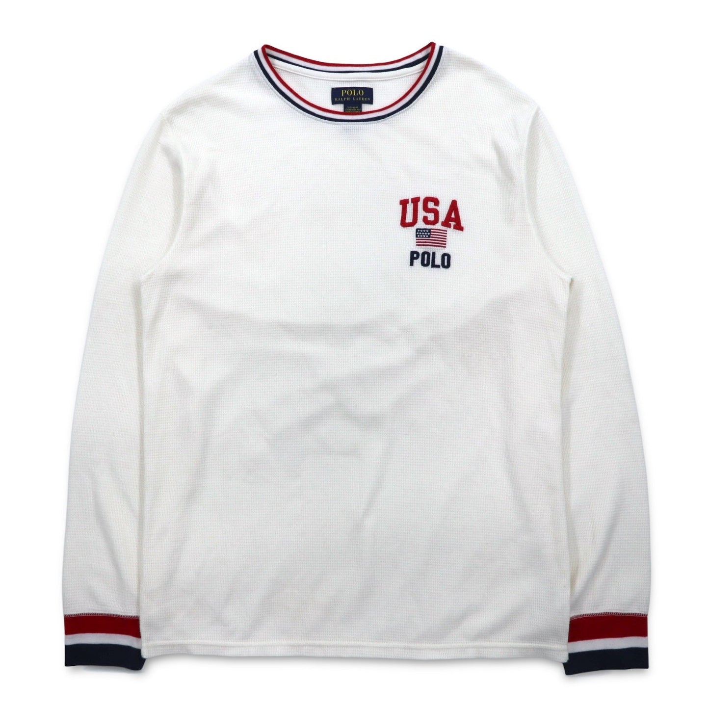 POLO RALPH LAUREN リブライン サーマル ロングスリーブTシャツ ロンT L ホワイト トリコロール USA POLO 星条旗