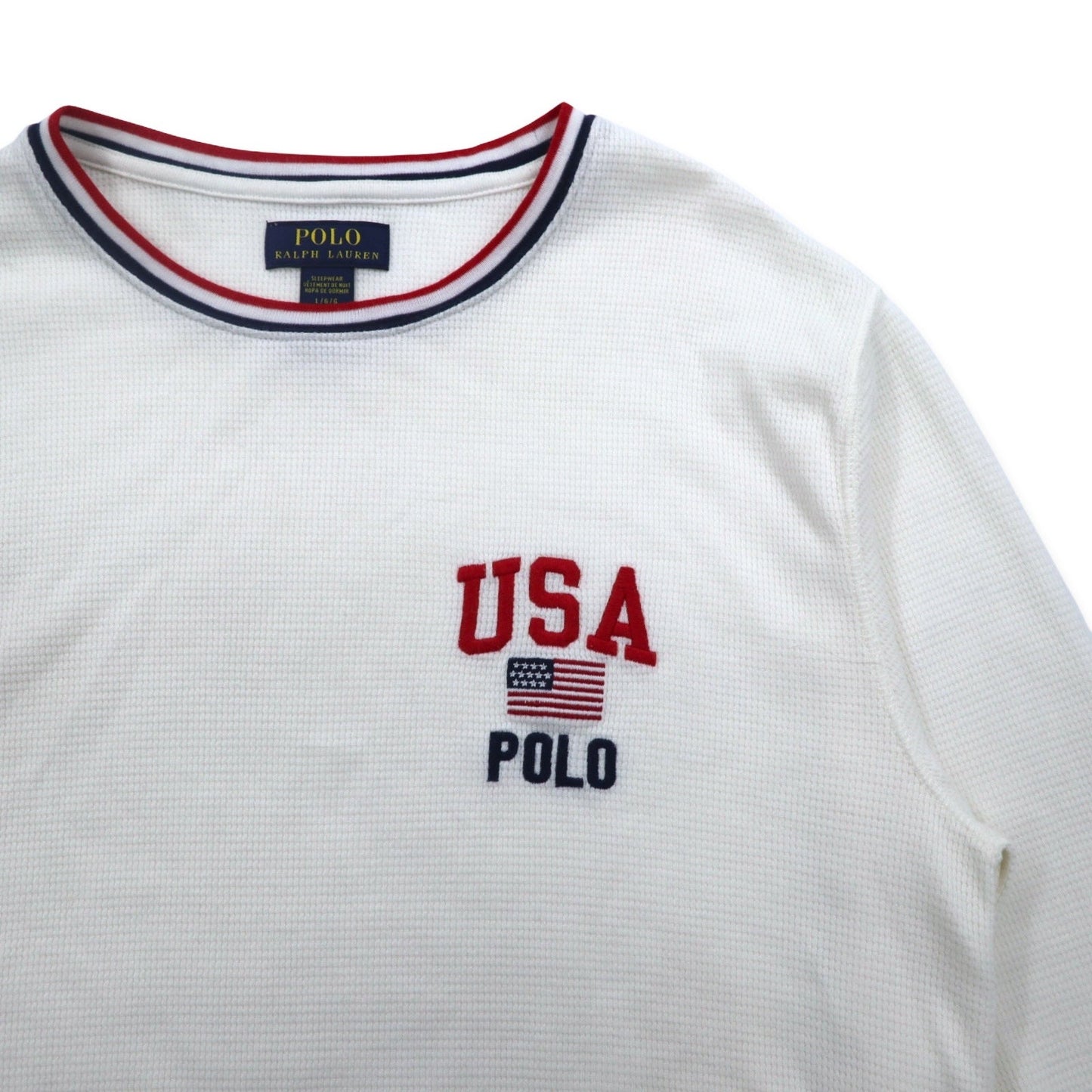 POLO RALPH LAUREN リブライン サーマル ロングスリーブTシャツ ロンT L ホワイト トリコロール USA POLO 星条旗