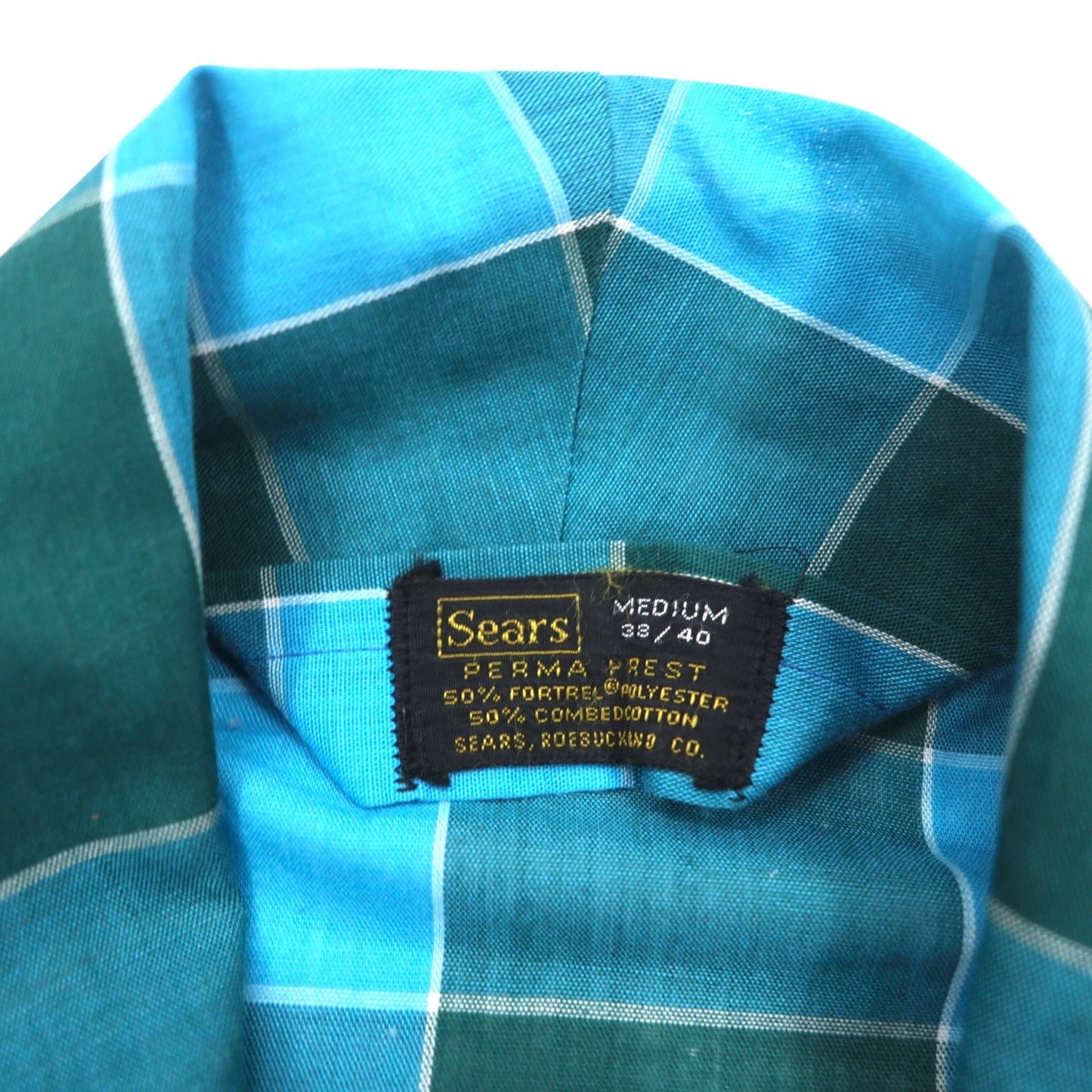Sears 70年代 ガウンコート M ブルー チェック コットン ポリエステル PERMA PREST