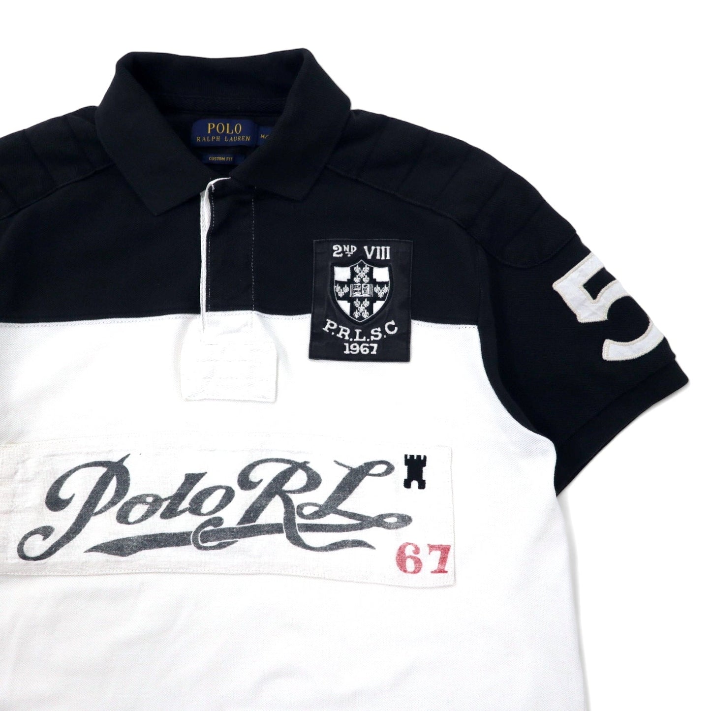 POLO RALPH LAUREN ポロシャツ M ブラック ホワイト コットン 鹿の子 CUSTOM FIT エンブレムロゴ 刺繍 P.R.L.S.C スリランカ製