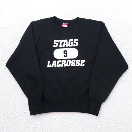 Champion リバースウィーブ REVERSE WEAVE カレッジ スウェット XL ブラック 裏起毛 STAGS LACROSSE 3段プリント メキシコ製