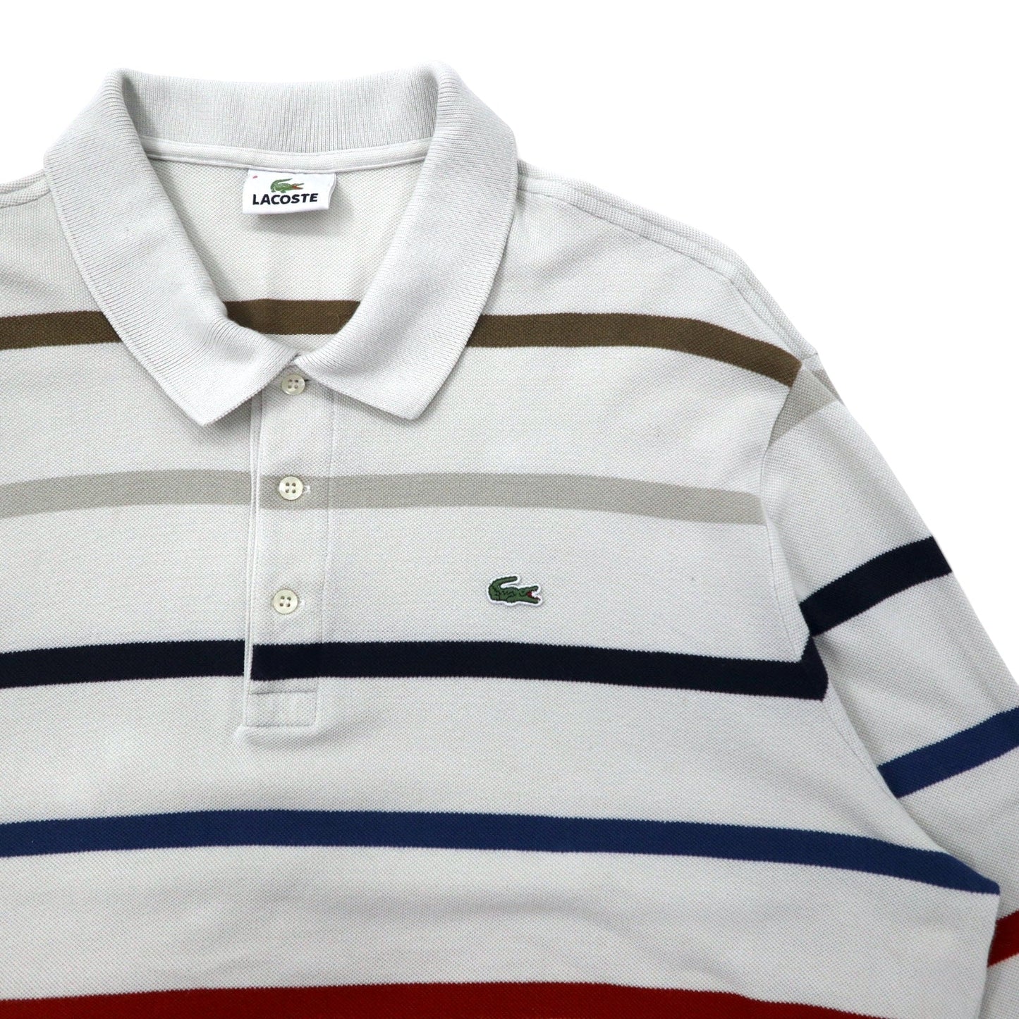 LACOSTE 90年代 長袖 ポロシャツ 8 ベージュ ボーダー コットン DEVANLAY社製 ワンポイントロゴ