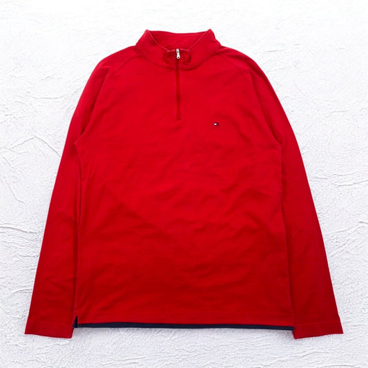 TOMMY HILFIGER ハーフジップ ロングスリーブTシャツ ロンT M レッド ワンポイントロゴ刺繍