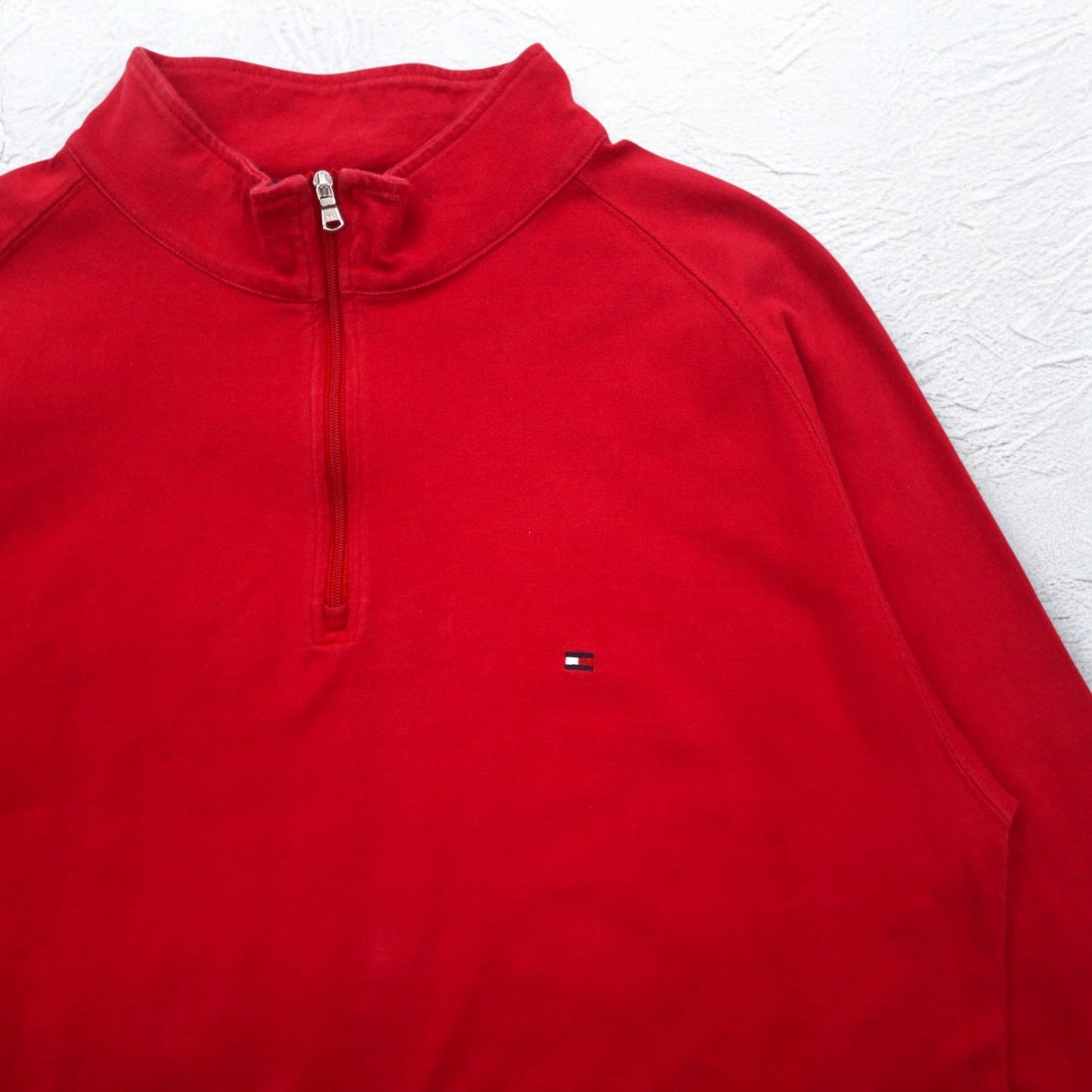 TOMMY HILFIGER ハーフジップ ロングスリーブTシャツ ロンT M レッド ワンポイントロゴ刺繍