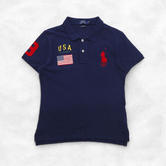 POLO RALPH LAUREN ビッグポニー刺繍 THE SKINNY POLO ポロシャツ L ネイビー コットン 鹿の子 USA 星条旗