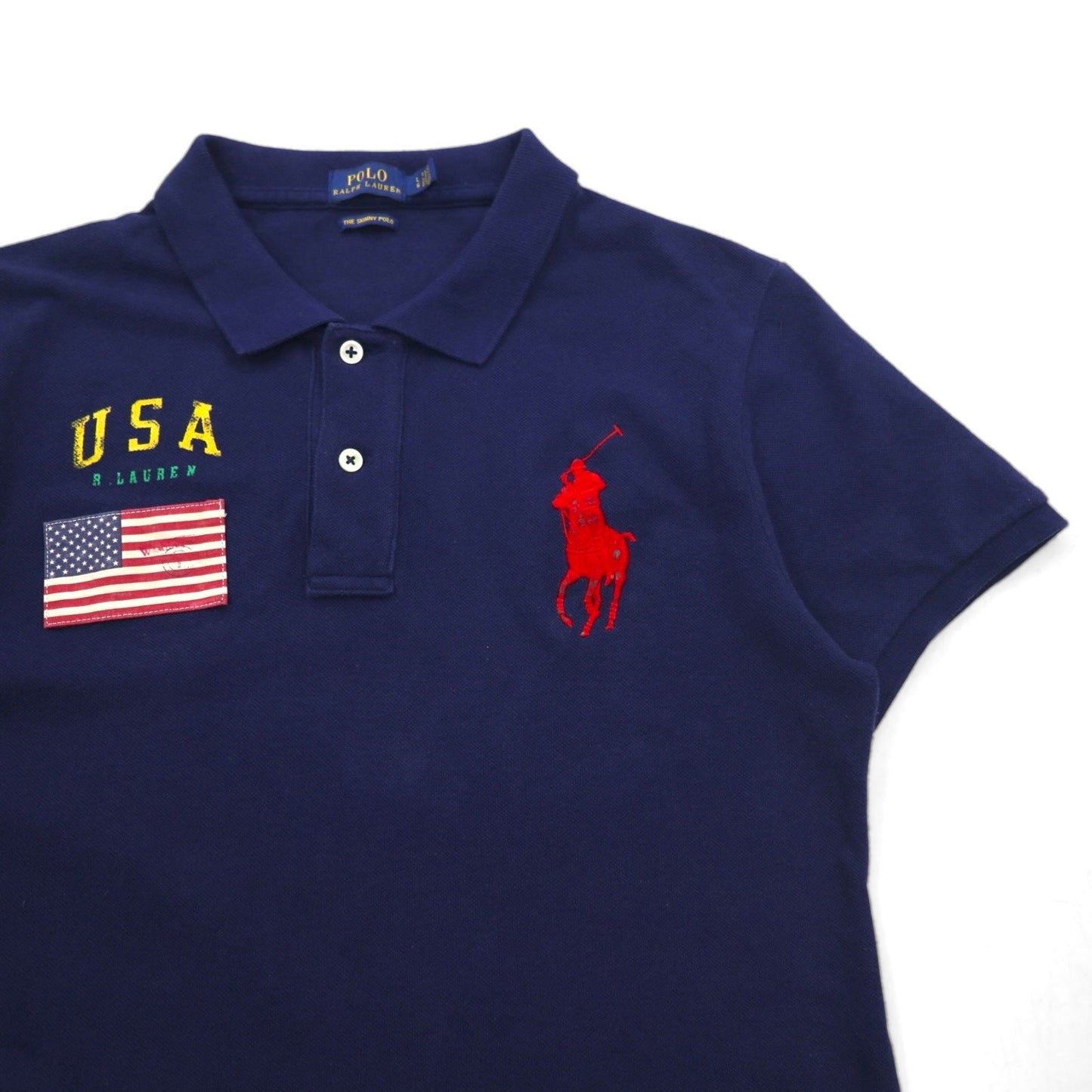 POLO RALPH LAUREN ビッグポニー刺繍 THE SKINNY POLO ポロシャツ L ネイビー コットン 鹿の子 USA 星条旗