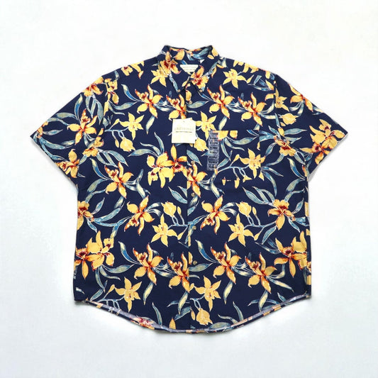 90年代 CROSSINGS ボタンダウン 花柄 アロハシャツ XL ネイビー コットン 総柄 未使用品
