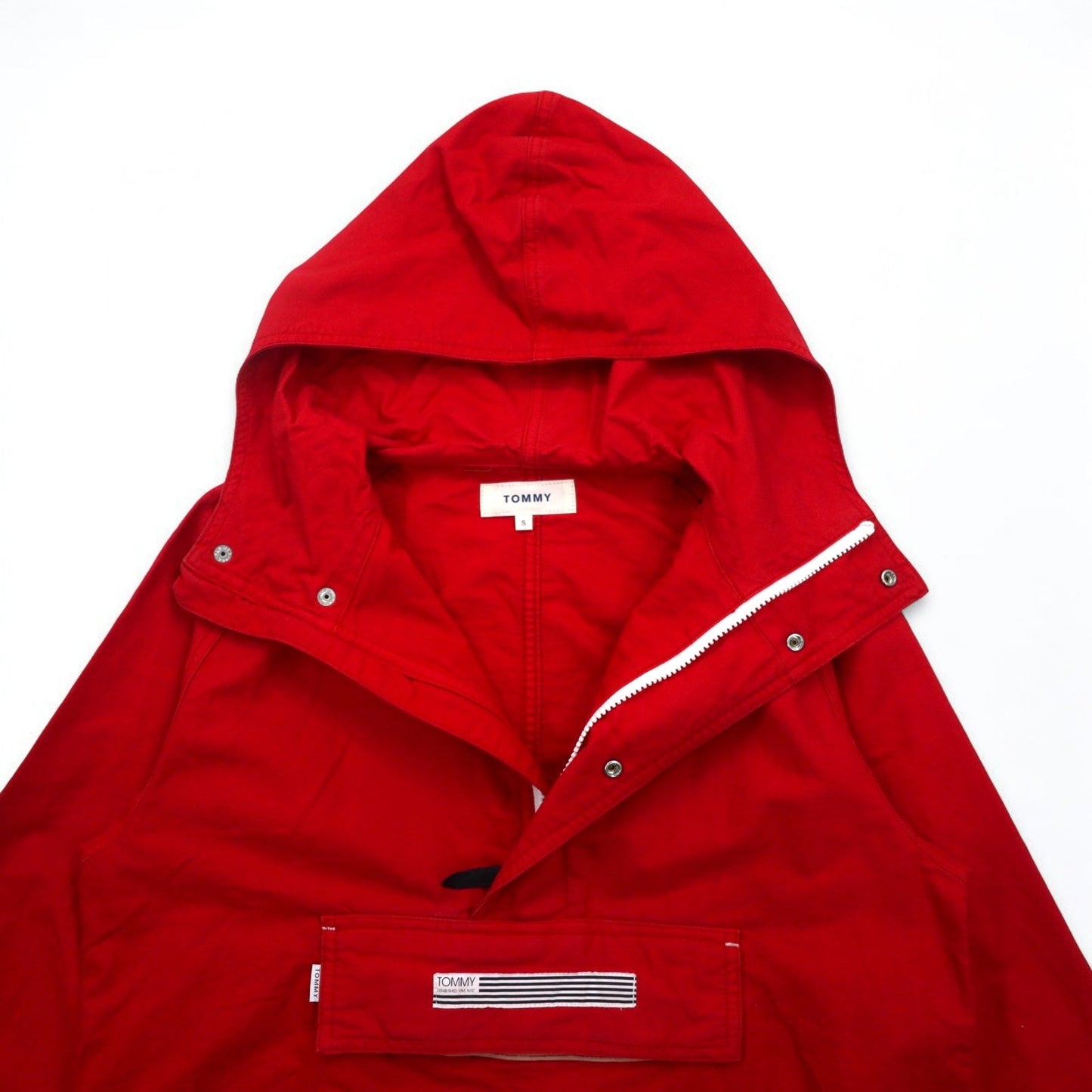 TOMMY アノラックパーカー S レッド コットン ハーフジップ ドローコード カンガルーポケット