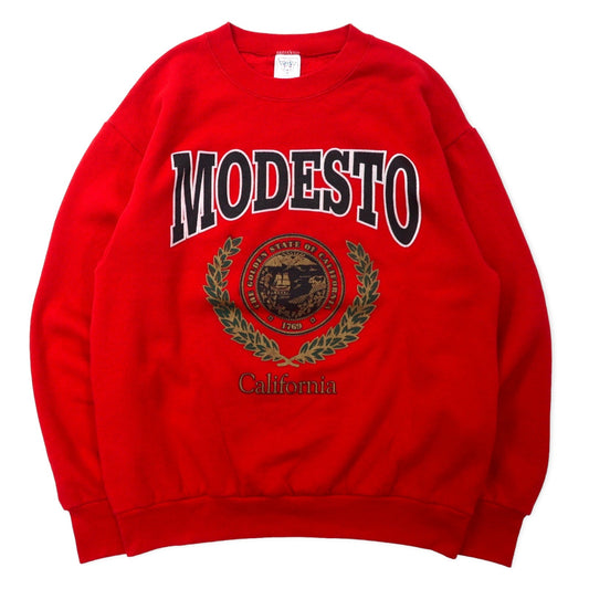 DELTA USA製 90年代 FIFTY-FIFTY カレッジ プリント スウェット L レッド コットン ポリエステル 裏起毛 MODESTO