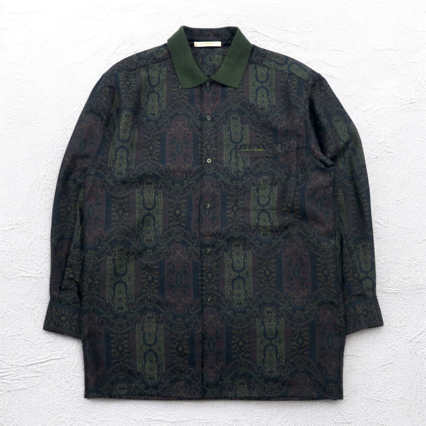LANCEL 90年代 総柄 ジャガード シャツ L カーキ ウール 日本製