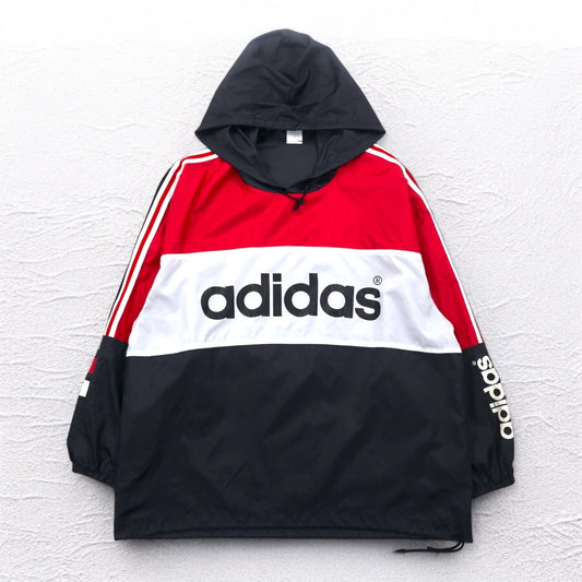 adidas 90年代 デサント社製 ピステ プルオーバー ナイロンパーカー M-L 3ストライプ 両面ロゴプリント 日本製