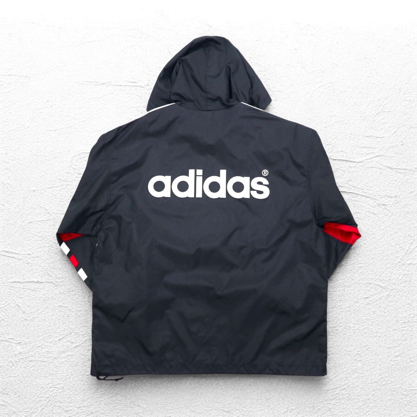 adidas 90年代 デサント社製 ピステ プルオーバー ナイロンパーカー M-L 3ストライプ 両面ロゴプリント 日本製