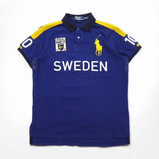 Polo by Ralph Lauren 90年代 SWEDEN ビッグポニー刺繍 ポロシャツ L ブルー コットン 鹿の子 ナンバリング CUSTOM FIT