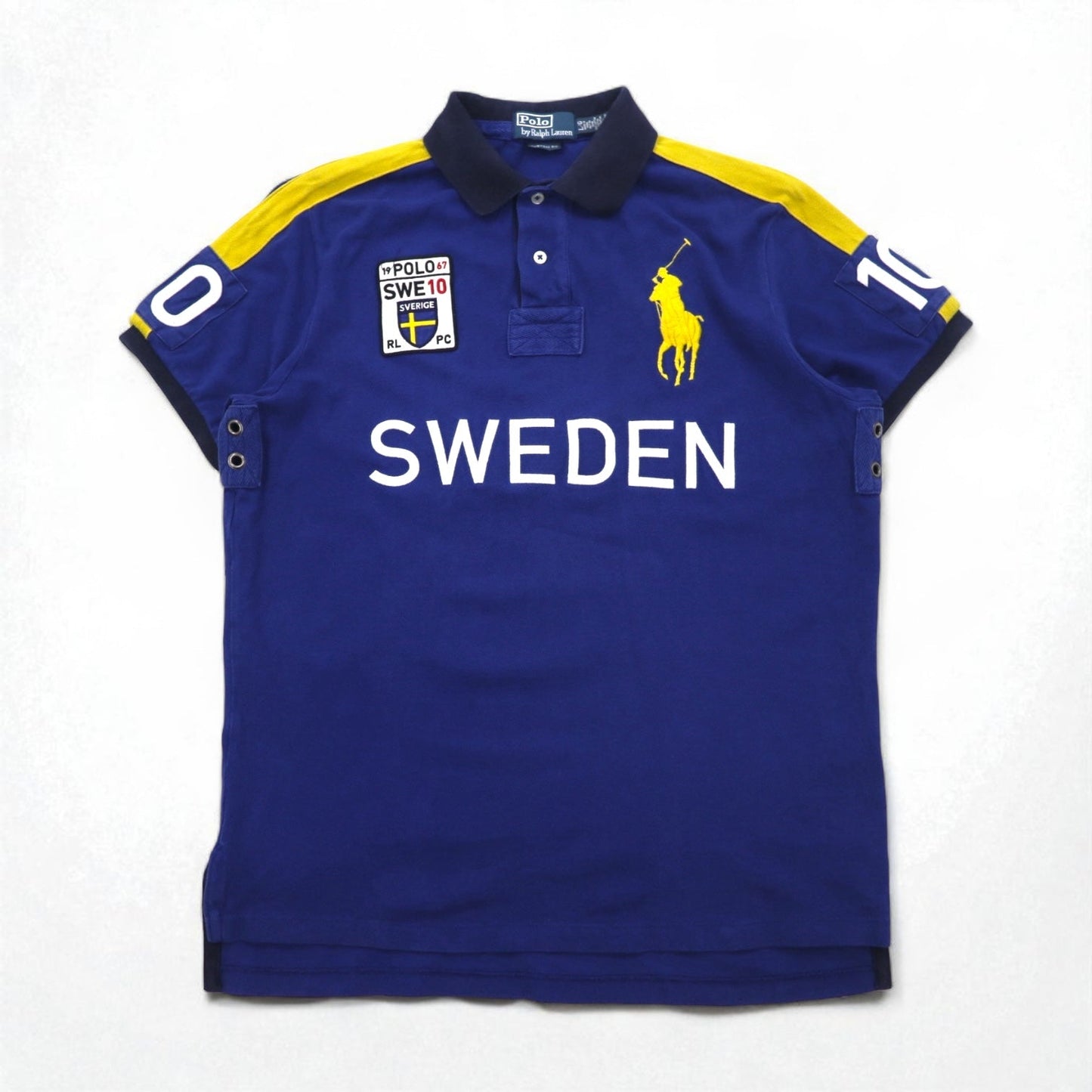 Polo by Ralph Lauren 90年代 SWEDEN ビッグポニー刺繍 ポロシャツ L ブルー コットン 鹿の子 ナンバリング CUSTOM FIT