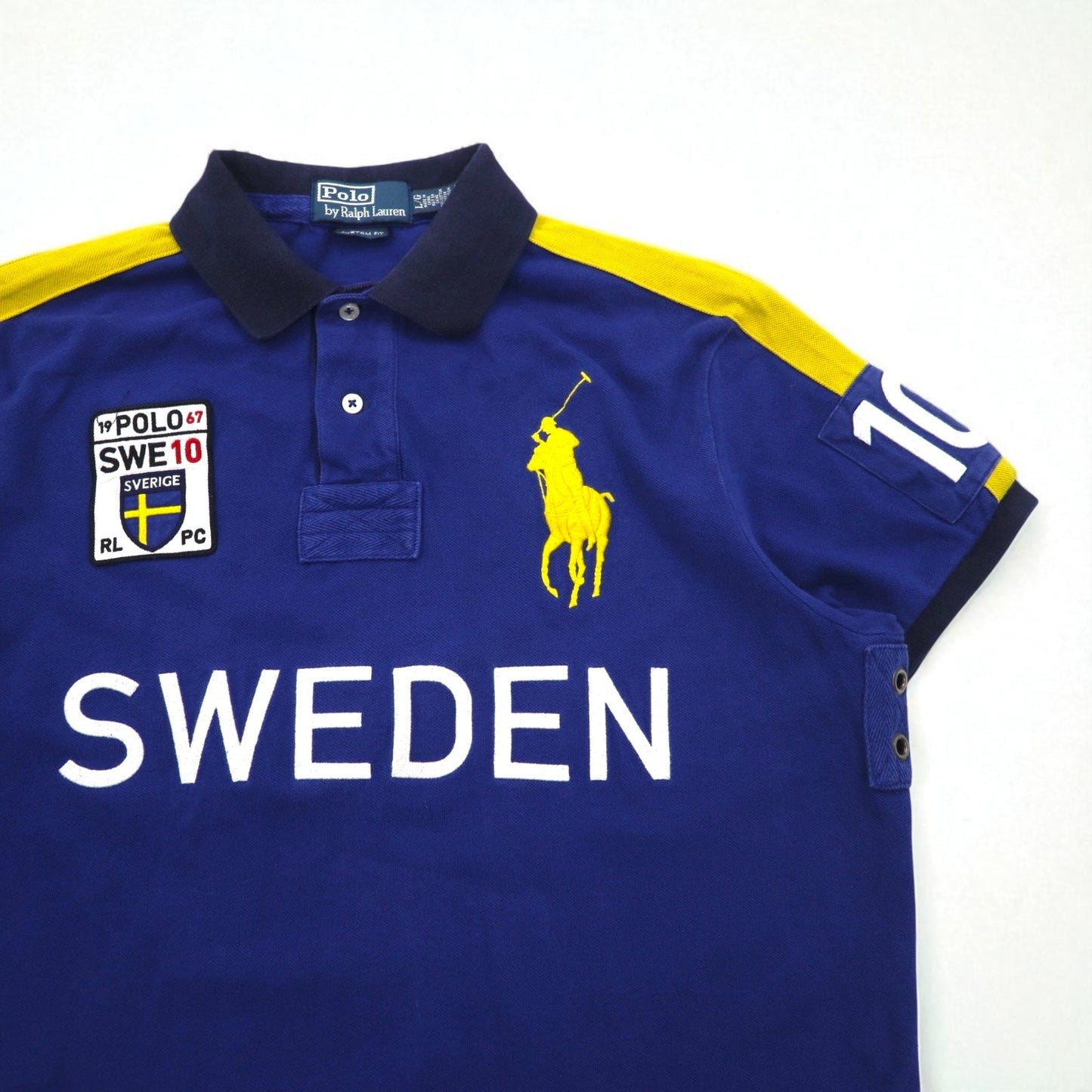 Polo by Ralph Lauren 90年代 SWEDEN ビッグポニー刺繍 ポロシャツ L ブルー コットン 鹿の子 ナンバリング CUSTOM FIT