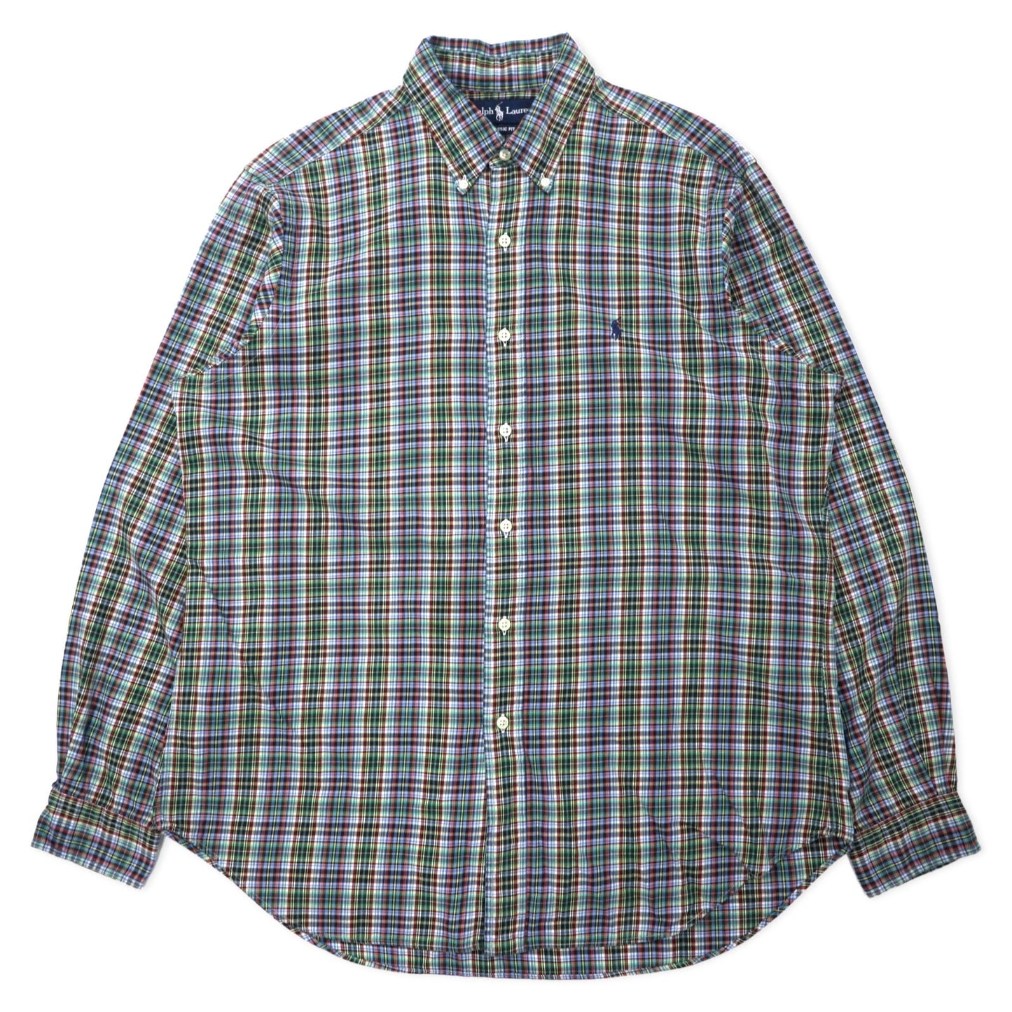 Ralph Lauren ウィンドペンチェック ボタンダウンシャツ L ブルー カーキ コットン CLASSIC FIT スモールポニー刺繍