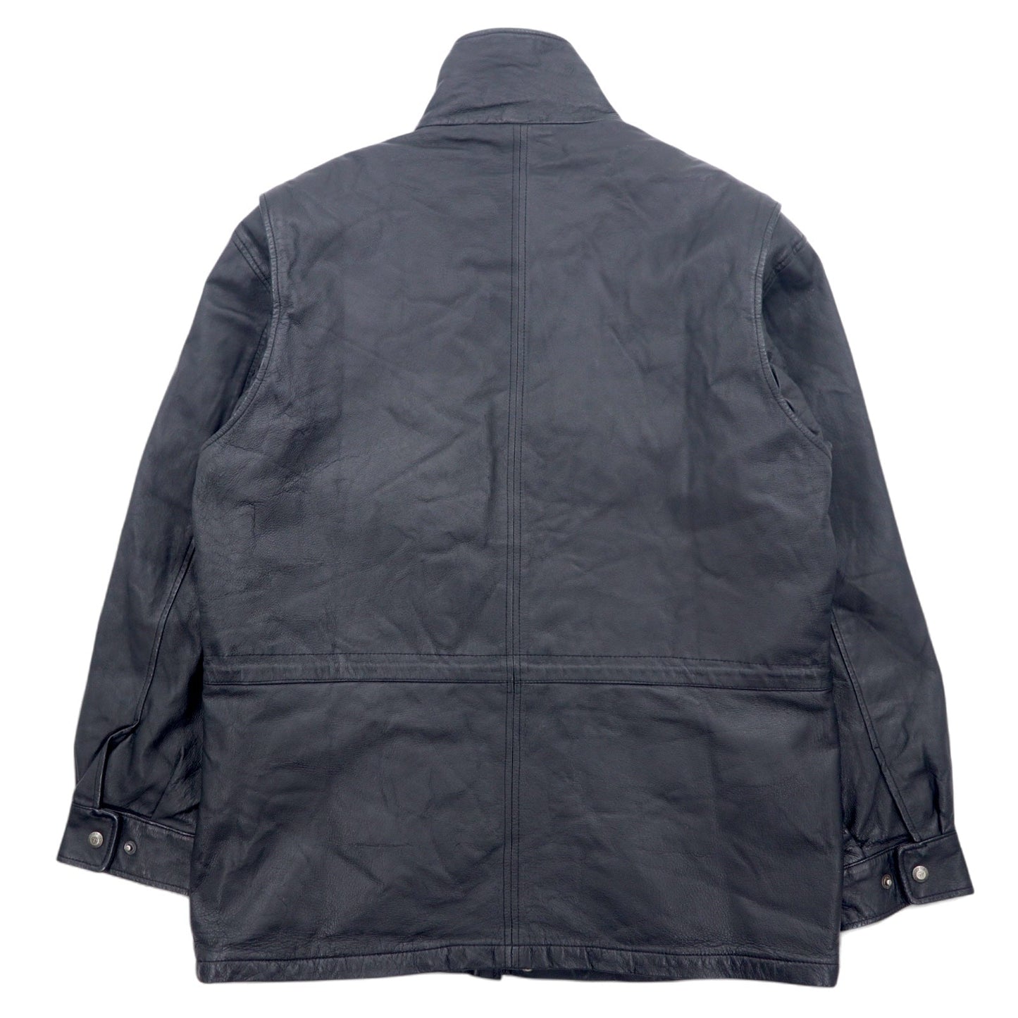 TOWN by London Fog 90年代 スタンドカラー レザーカーコート 中綿 ダブルジップ ジャケット L ブラック ドローコード