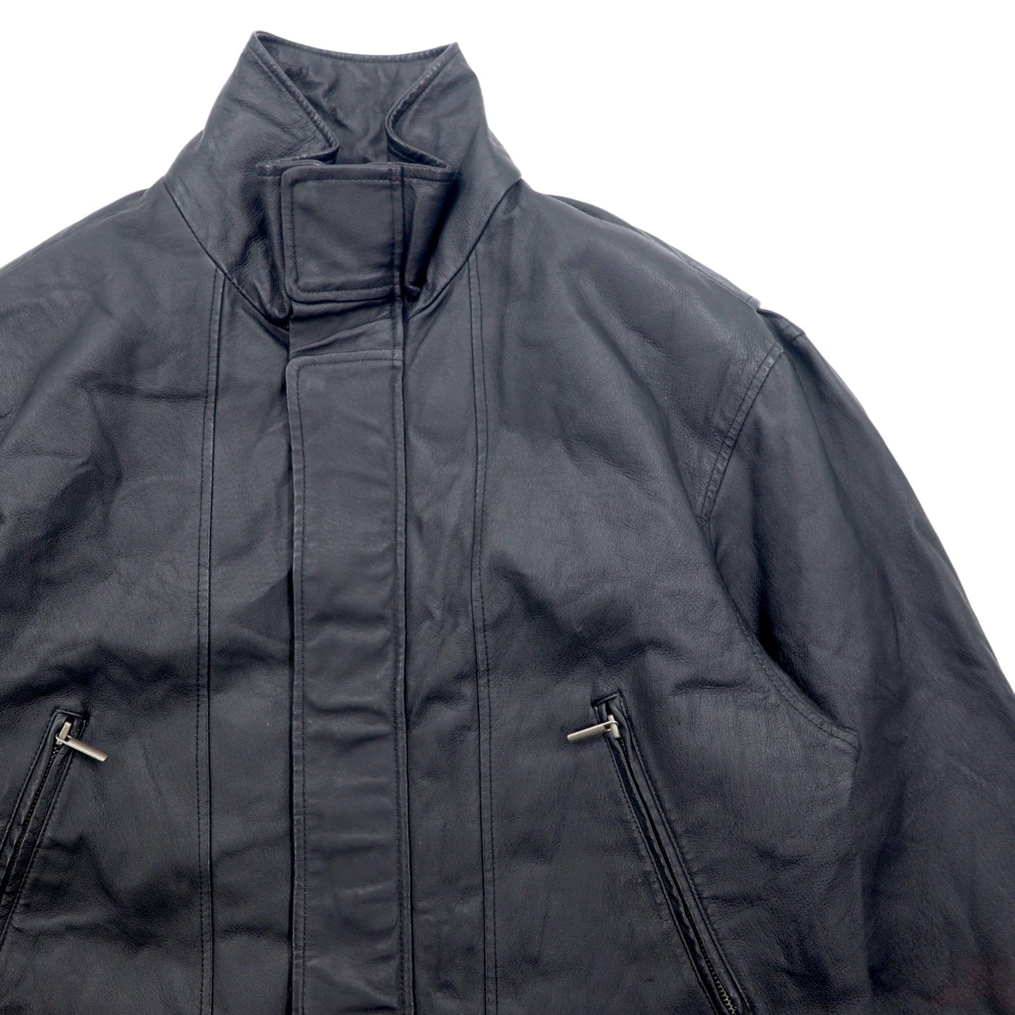 TOWN by London Fog 90年代 スタンドカラー レザーカーコート 中綿 ダブルジップ ジャケット L ブラック ドローコード