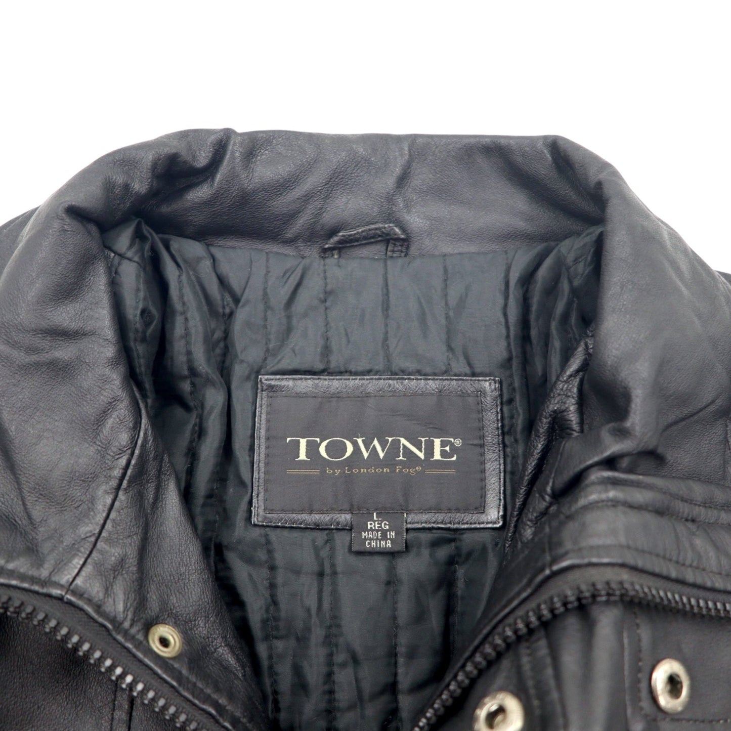 TOWN by London Fog 90年代 スタンドカラー レザーカーコート 中綿 ダブルジップ ジャケット L ブラック ドローコード
