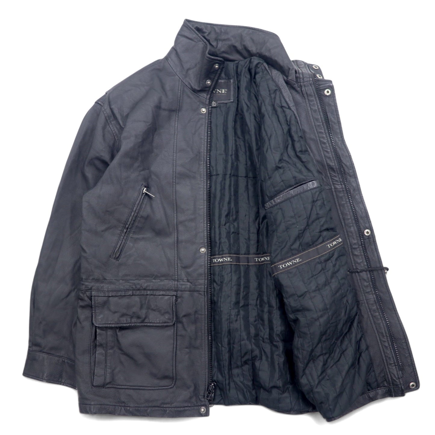 TOWN by London Fog 90年代 スタンドカラー レザーカーコート 中綿 ダブルジップ ジャケット L ブラック ドローコード