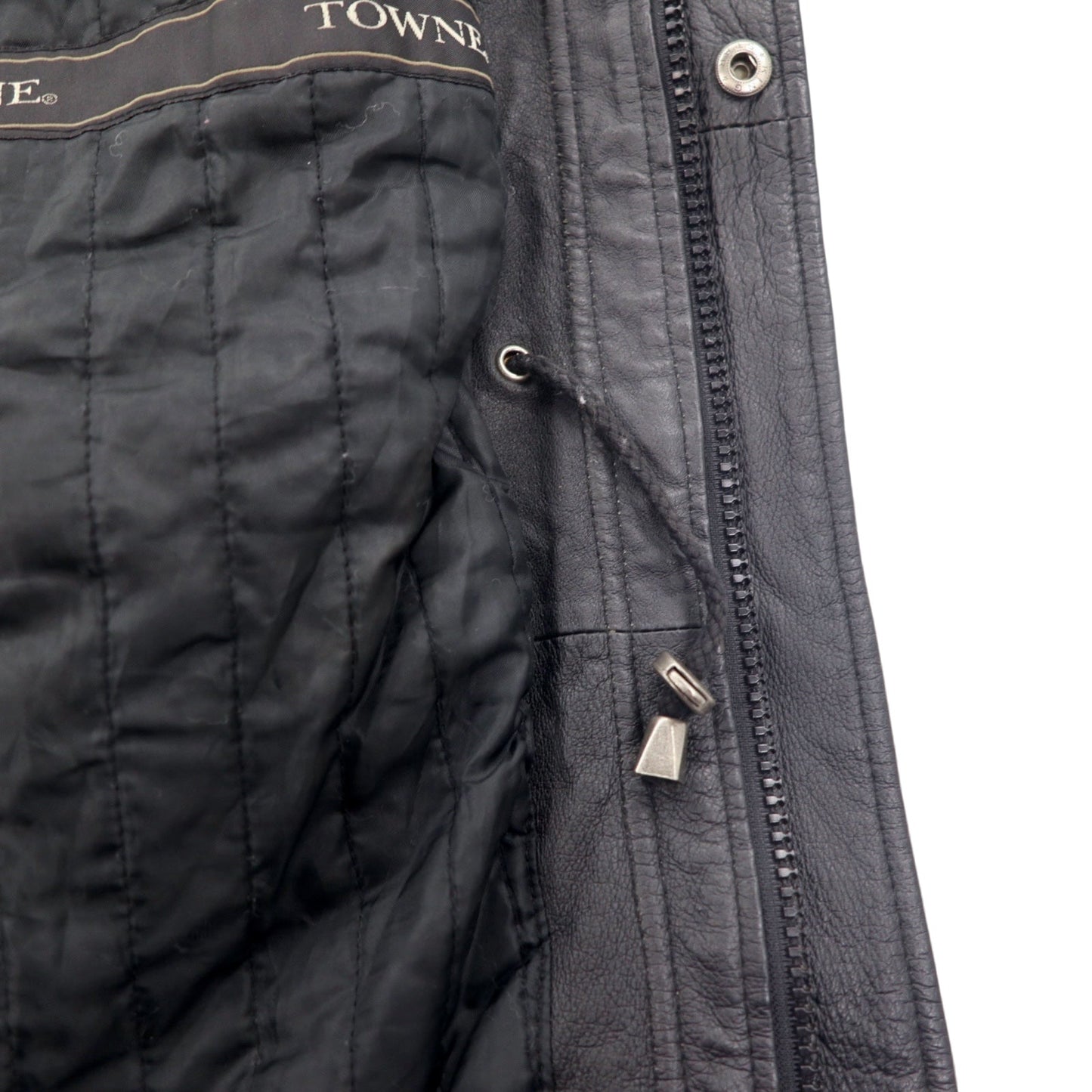 TOWN by London Fog 90年代 スタンドカラー レザーカーコート 中綿 ダブルジップ ジャケット L ブラック ドローコード
