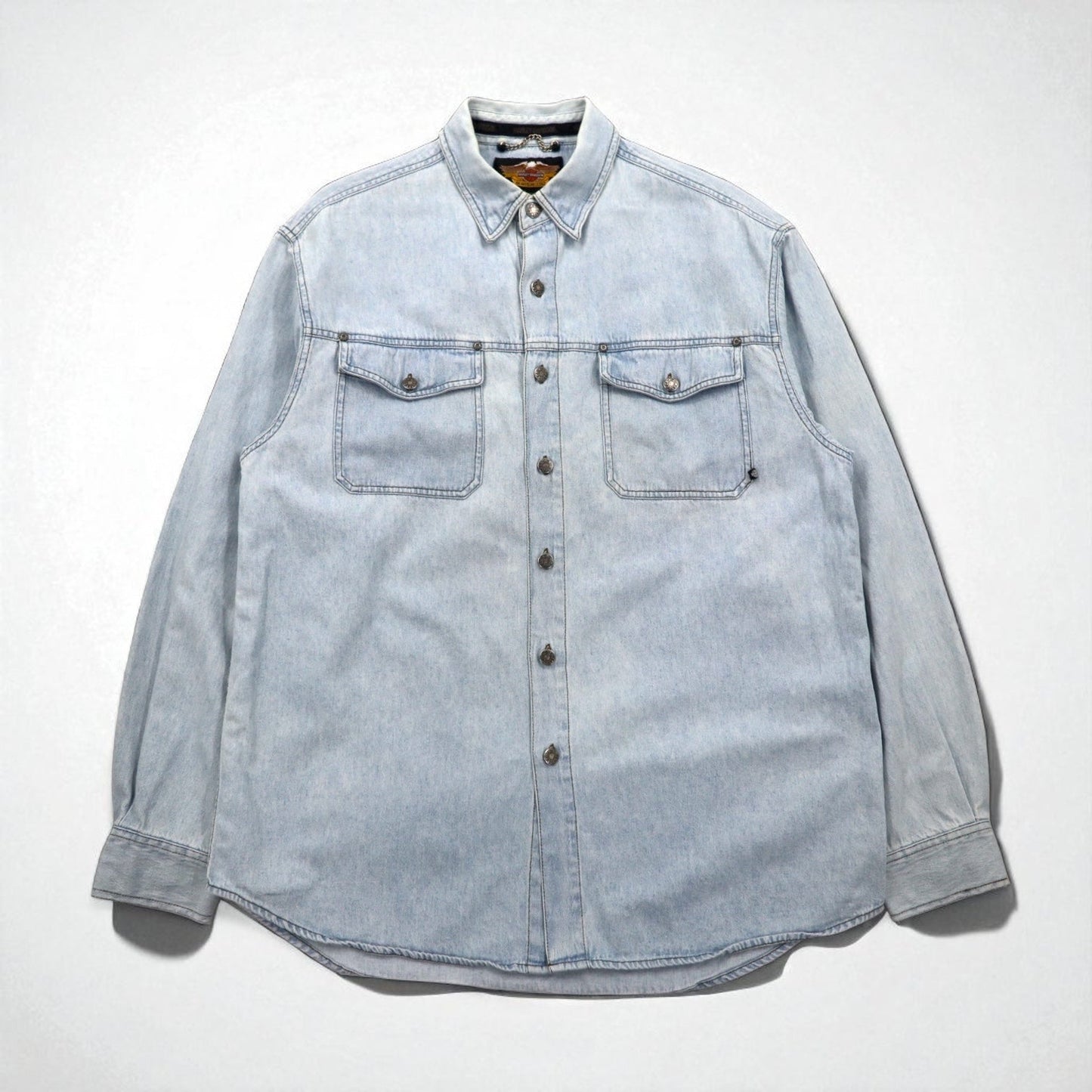 HARLEY DAVIDSON アイスウォッシュ デニムシャツ L ライトブルー コットン バックロゴ刺繍
